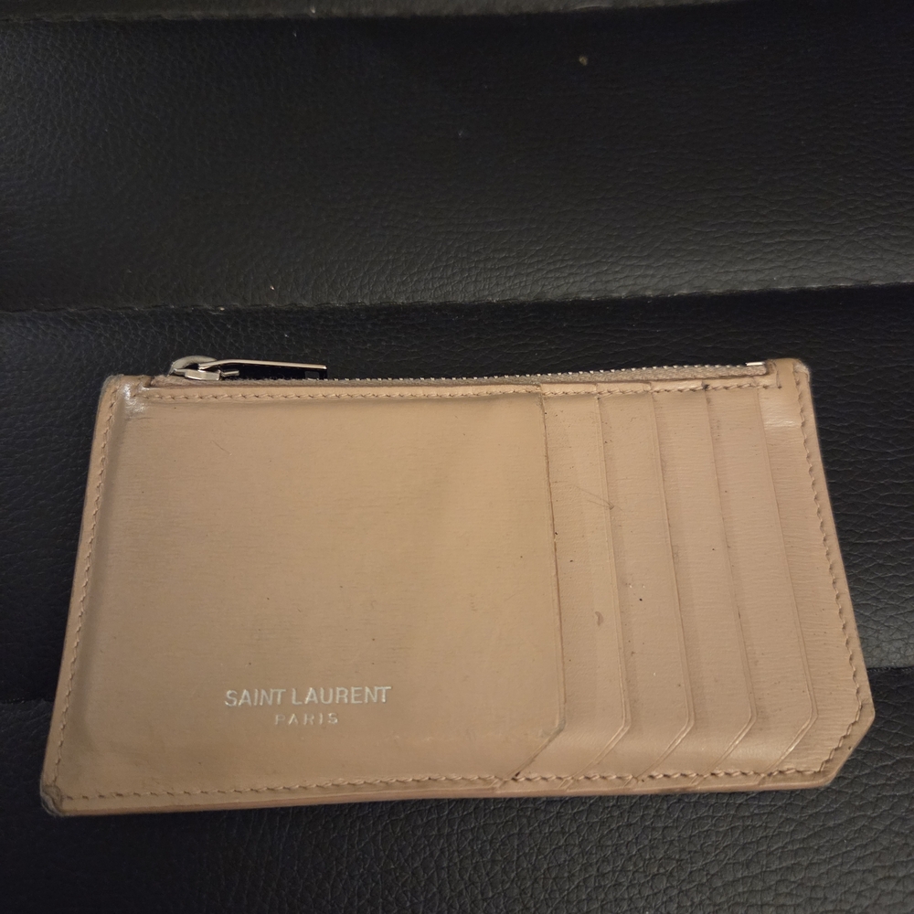 Saint Laurent Fragments Zipped Card Case in Beige Calfskin Leather
